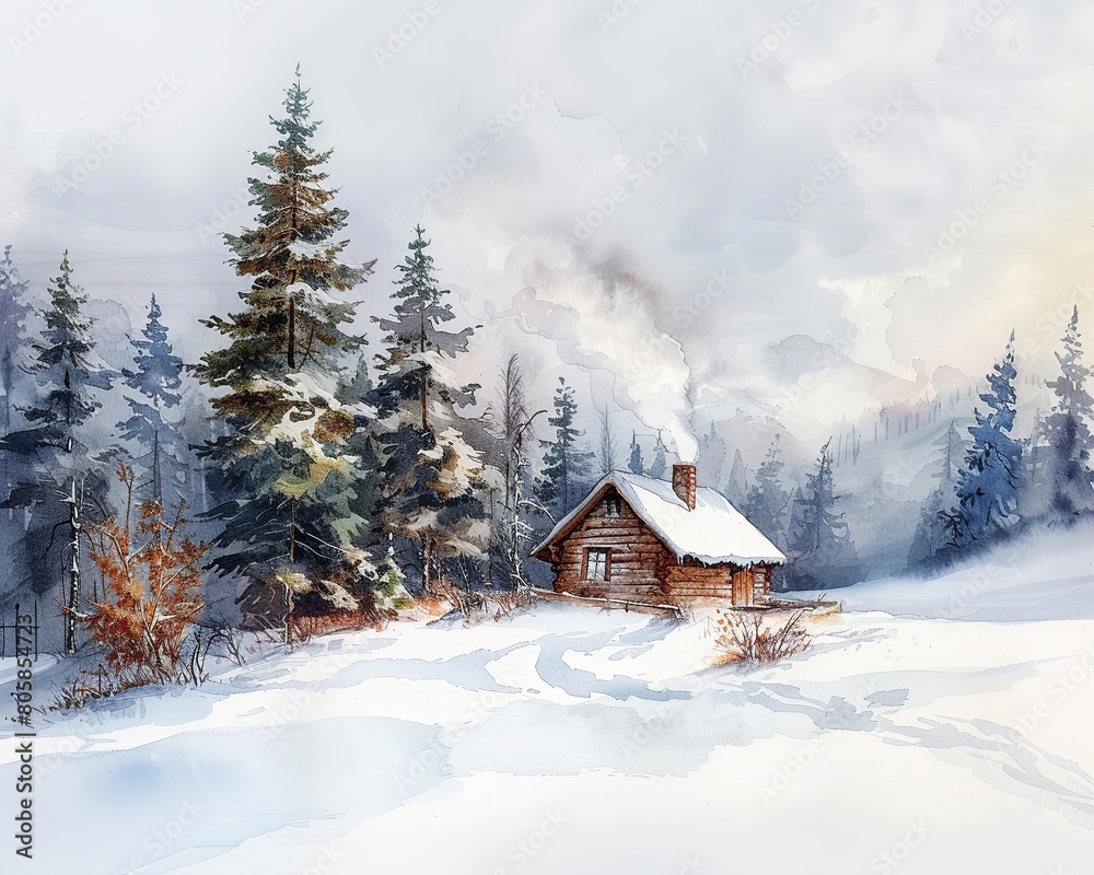 watercolor drawing of a snowy winter landscape with a small, cozy cabin, smoke rising from the chimney, surrounded by pine trees and a blanket of fresh, untouched snow