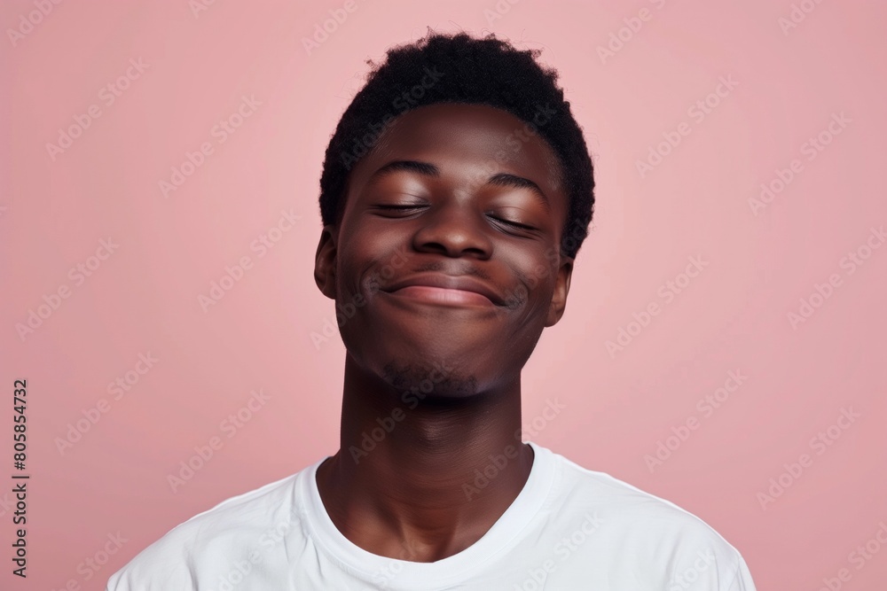Content Young African American Man with Eyes Closed Smiling