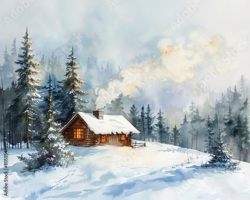 watercolor drawing of a snowy winter landscape with a small, cozy cabin, smoke rising from the chimney, surrounded by pine trees and a blanket of fresh, untouched snow © nattharinee