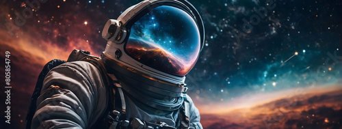 Cosmic Dreamer, Drift Among the Stars with an Astronaut, Immersed in a Cosmic Vista of Nebulae, Galaxies, and Stars Reflected in Their Helmet. photo
