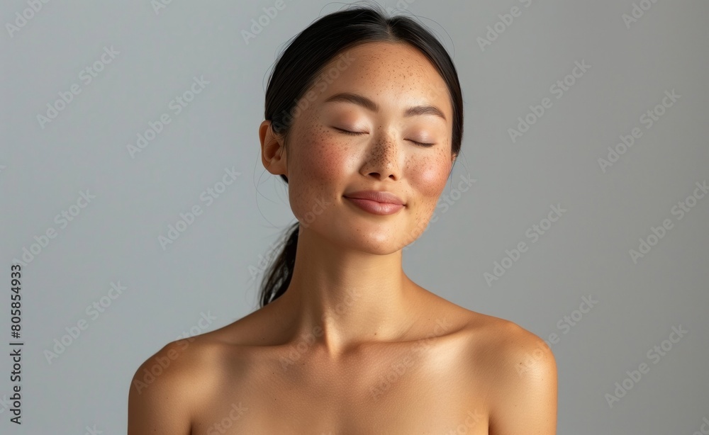 Serene Young Asian Woman with Eyes Closed and Natural Look Serene Young Asian Woman with Eyes Closed and Natural Look