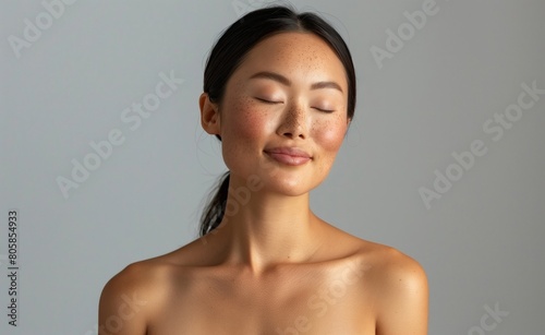 Serene Young Asian Woman with Eyes Closed and Natural Look