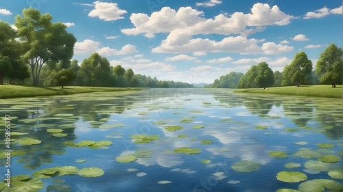 A serene and revitalizing landscape is created by the ripples in pure water reflecting the summer sky.