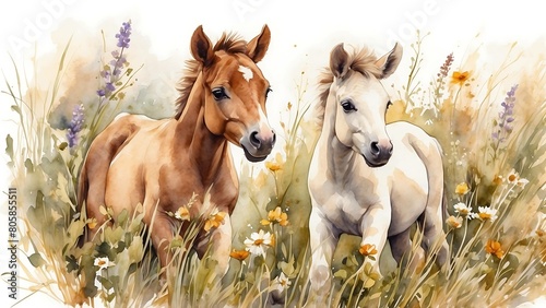 Two foals playing on the meadow with flowers. Watercolor painting