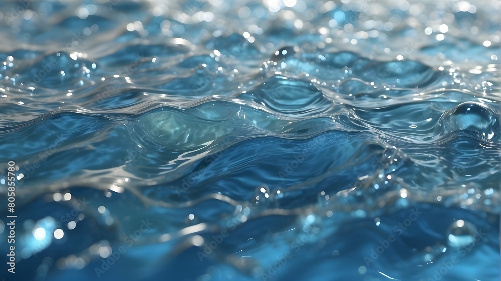 Transparent blue clear water surface texture with ripples, splashes and bubbles. Abstract summer banner background Water waves in sunlight with copy space Cosmetic moisturizer micellar toner emulsion