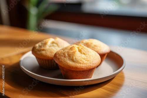 Three muffins are on a white plate on a wooden table. The muffins are golden brown and look delicious