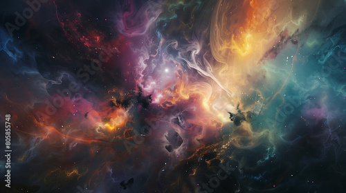 abstract background space nebula, colors of teal and orange with swirls of red and yellow, in the style of digital art