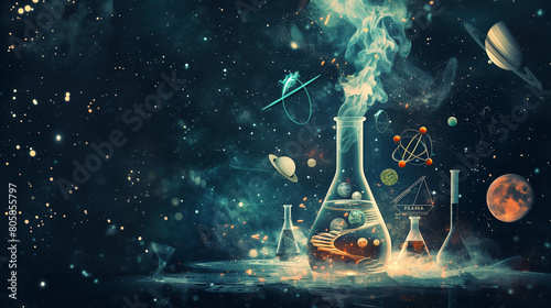 Surreal Cosmic Laboratory with Beakers Among Stars and Planets photo