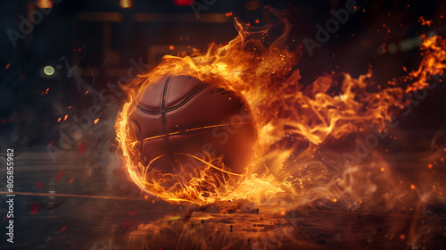 Fiery Basketball on Court with Dramatic Flames and Smoke © Mutshino_Artwork