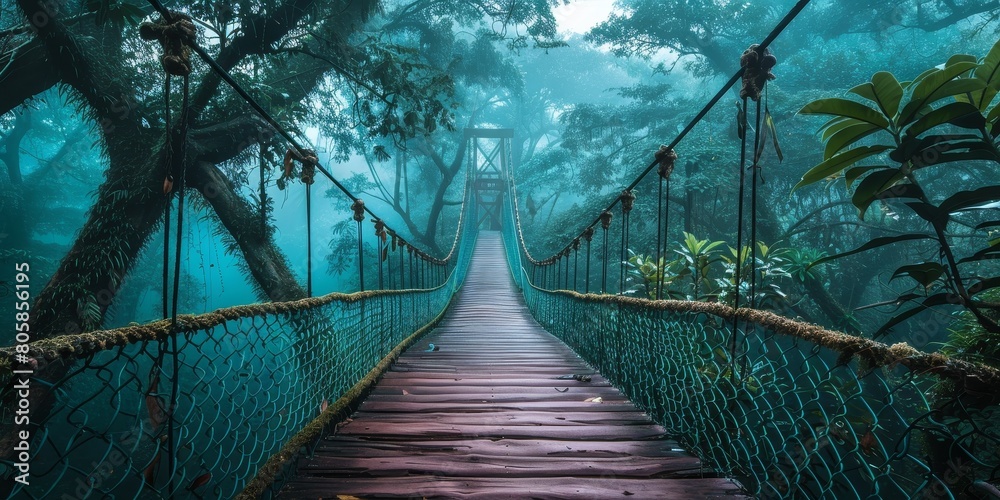 Fototapeta premium A bridge over a forest with a blue sky in the background