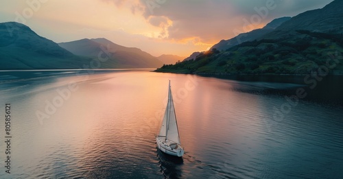 Sailing at Sunset in a Tranquil Mountainous Fjord