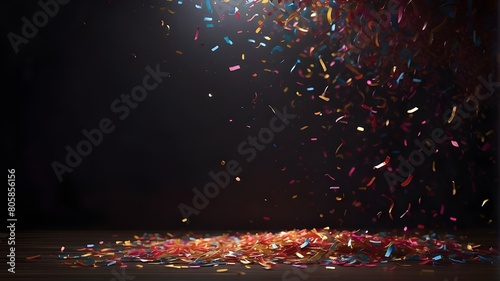 a dark limbo background with a few colorful confetti falling from above, on the left of the image theres a light from a reddish spotlight hitting