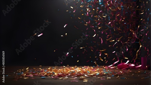 a dark limbo background with a few colorful confetti falling from above, on the left of the image theres a light from a reddish spotlight hitting photo