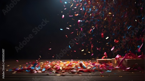 a dark limbo background with a few colorful confetti falling from above, on the left of the image theres a light from a reddish spotlight hitting photo