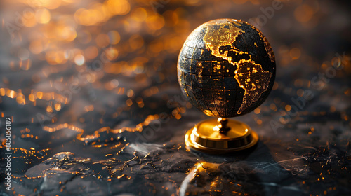 Golden Illuminated Globe on Dark Textured World Map with City Lights