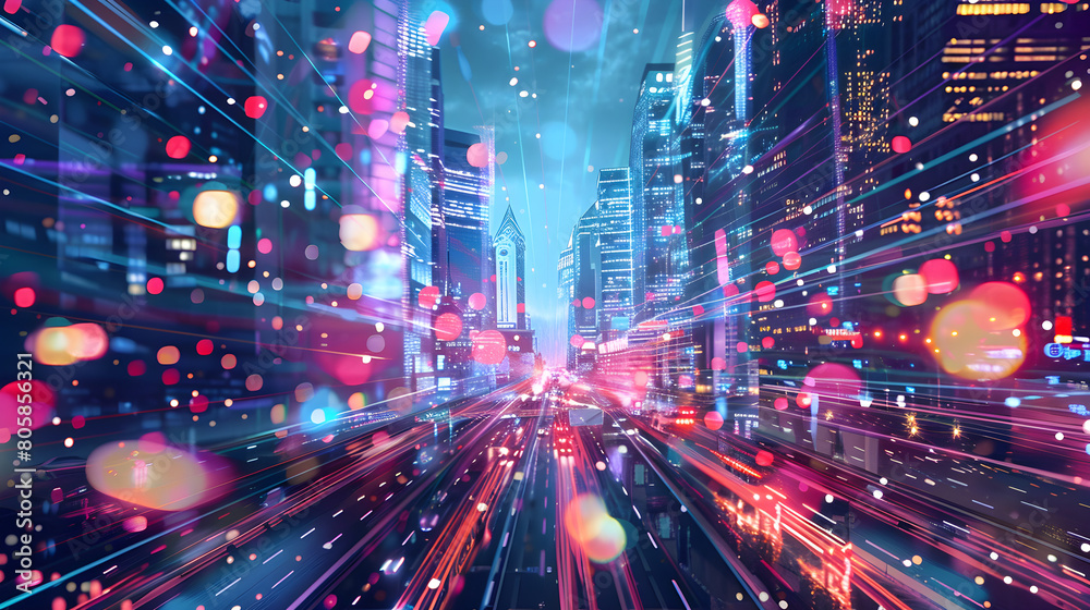 Neon Nightscape: A Digital Depiction of a Futuristic City After Sunset