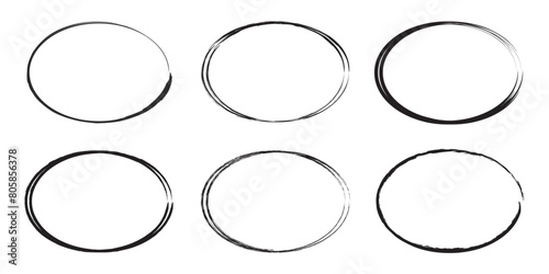 Grunge circles brush set. Black circle frames. Round line of black paint. Grunge round shapes. Circular ink brush stroke fro design elements. Vector illustration.