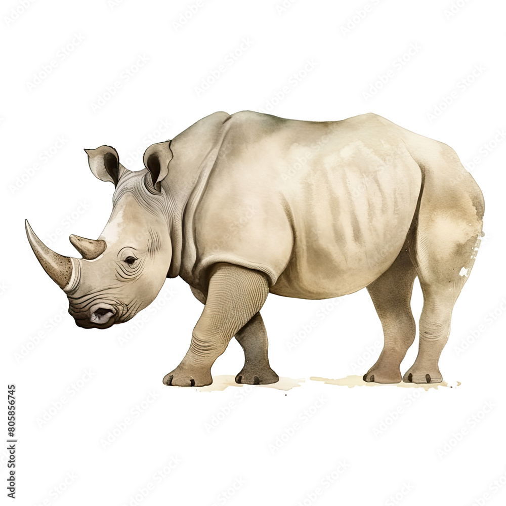 Fototapeta premium AI-Generated Watercolor cute Rhino Clip Art Illustration. Isolated elements on a white background.