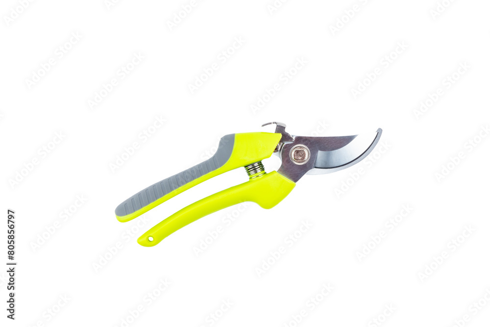 Obraz premium Steel gardening secateurs, scissors tool with green grip for pruning of plants and flowers, garden work, isolated on white background. Close state. Top view.
