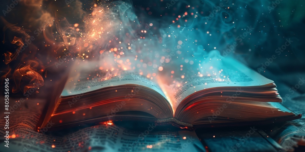 Obraz premium A book is open to a page with a blue background and red text