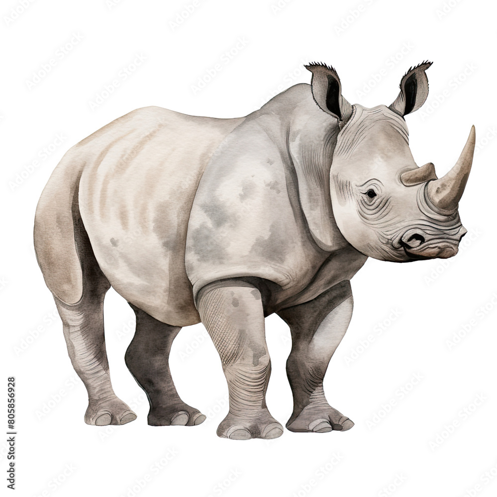 Obraz premium AI-Generated Watercolor cute Rhino Clip Art Illustration. Isolated elements on a white background.