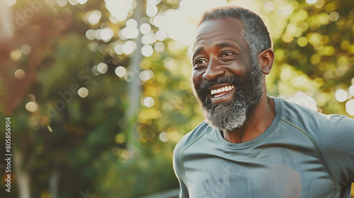 Portrait of a happy senior African American man running outdoors, wearing a t-shirt and smartwatch on his wrist, enjoying a sport activity for good health at the park. Eldery man running outdoors, hea photo