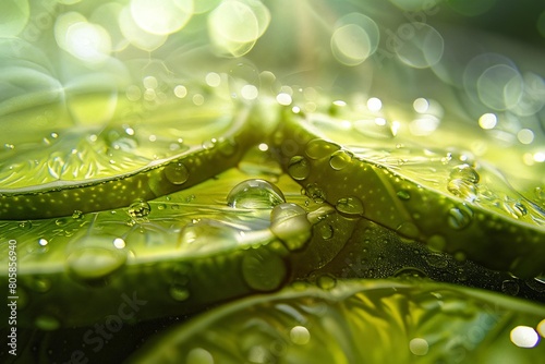 Fresh lime slice in water with bubbles. Close up of fresh ripe lime. A macro shot capturing the vibrant texture and water drops on a fresh lime slice (ID: 805856940)