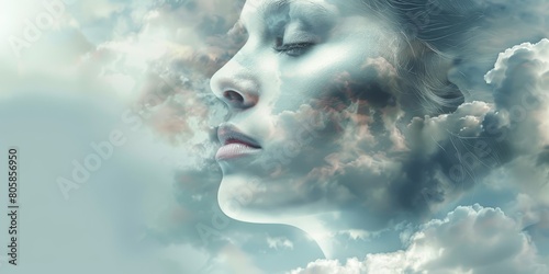 A woman s face is shown in a cloud-filled sky