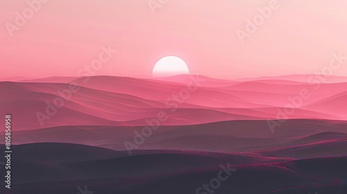 A monochrome pink sunset over rolling hills  with subtle gradients giving a dreamy atmosphere