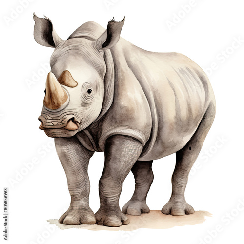 AI-Generated Watercolor cute Rhino Clip Art Illustration. Isolated elements on a white background.