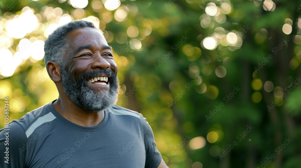 Fototapeta premium Portrait of a happy senior African American man running outdoors, wearing a t-shirt and smartwatch on his wrist, enjoying a sport activity for good health at the park. Eldery man running outdoors, hea