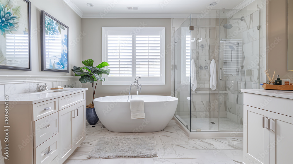 Luxurious modern bathroom interior White marble floors, large windows with sheer curtains, elegant freestanding bathtub. Potted plant, bamboo accents. Clean lines, luxury design Luxurious modern bathroom interior White marble floors, large windows with sheer curtains, elegant freestanding bathtub. Potted plant, bamboo accents. Clean lines, luxury design