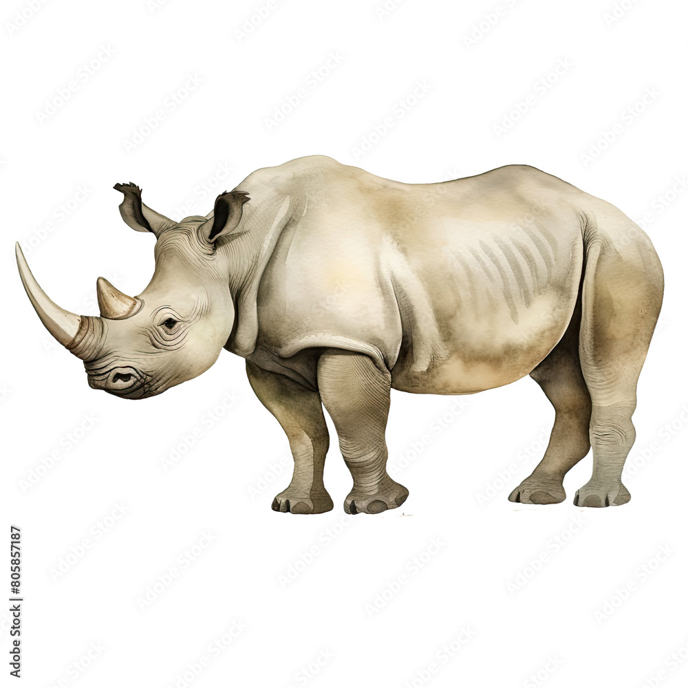 Obraz premium AI-Generated Watercolor cute Rhino Clip Art Illustration. Isolated elements on a white background.