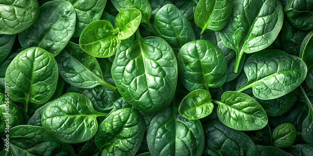 Close-up of fresh green spinach leaves, flat lay. Green spinach background