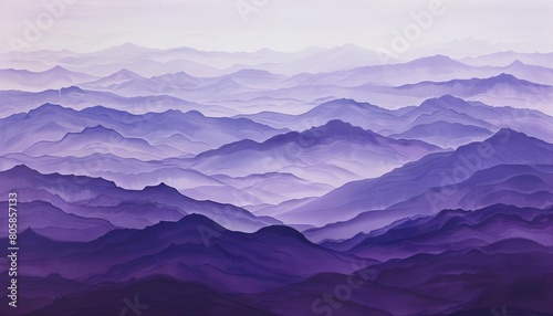 A mountain range in shades of purple, revealing layers of geological formations stretching into the horizon