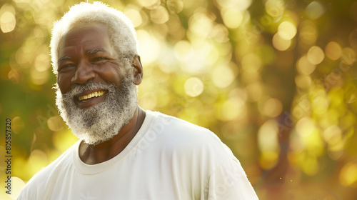 Portrait of a happy senior African American man running outdoors, wearing a t-shirt and smartwatch on his wrist, enjoying a sport activity for good health at the park. Eldery man running outdoors, hea photo