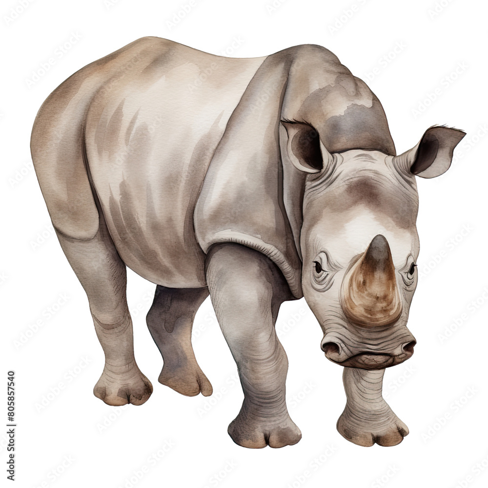 Obraz premium AI-Generated Watercolor cute Rhino Clip Art Illustration. Isolated elements on a white background.