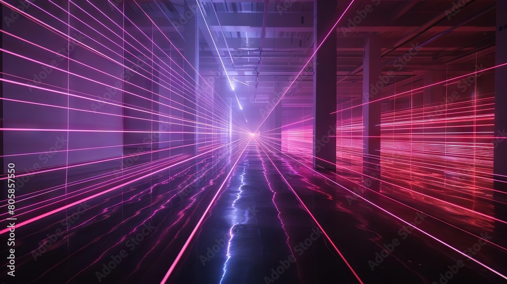 A kinetic light display of laser waves in a darkened room, with each beam creating dynamic trails of energy A kinetic light display of laser waves in a darkened room, with each beam creating dynamic trails of energy