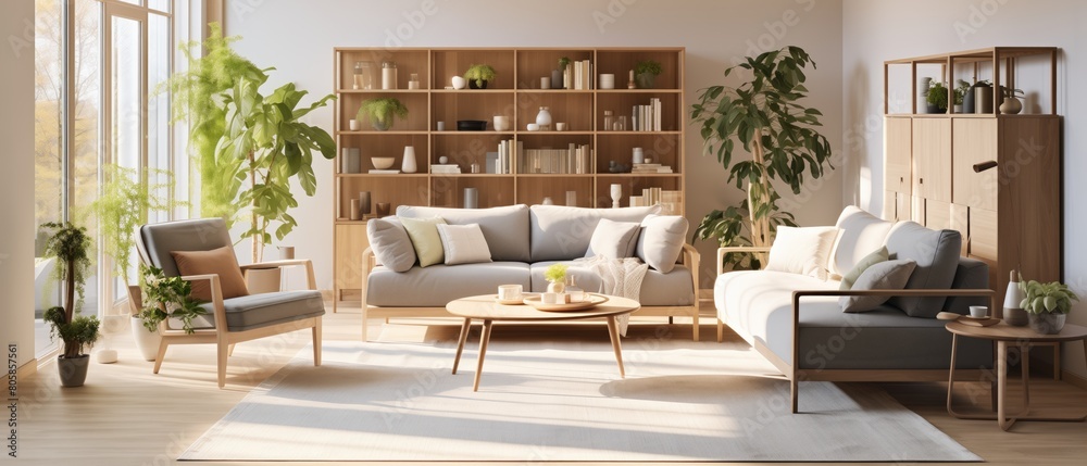 Modern scandinavian living room with design furniture and big glasses