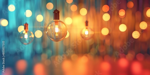 A series of light bulbs hanging from the ceiling, with a colorful background photo