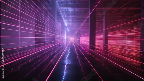 A kinetic light display of laser waves in a darkened room  with each beam creating dynamic trails of energy
