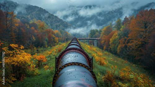 Pipeline Network: A vast network of pipelines snaking through rugged terrain and verdant landscapes, carrying crude oil to refineries and distribution centers across the country. photo