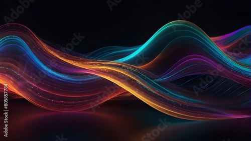 abstract 3D render of a neon curving wave that is iridescent and in motion on a background. Gradient design element: excellent detail, photorealism, vibrant colors, octane design, black background, wa