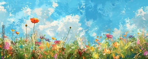 A lowresolution digital painting of a flower field  flowers appearing as pixel clusters