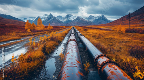 Pipeline Network: A vast network of pipelines snaking through rugged terrain and verdant landscapes, carrying crude oil to refineries and distribution centers across the country. photo