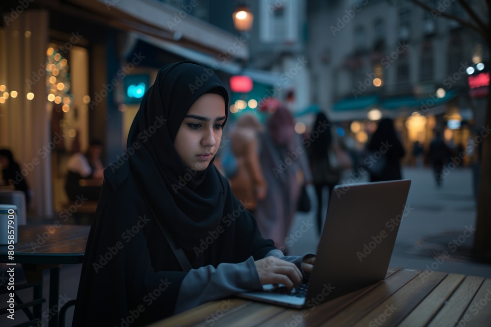 Young Muslim Woman Working on Laptop at Outdoor Cafe in Evening
