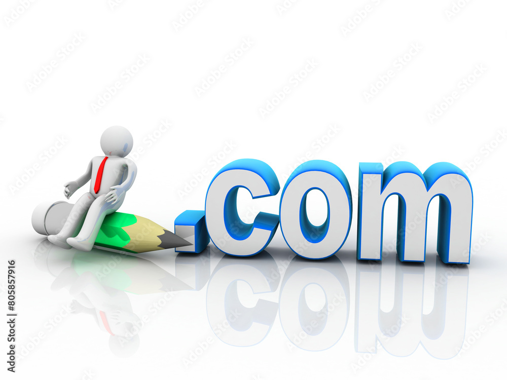 3d illustration student in pencil near dot com sign 3d illustration student in pencil near dot com sign