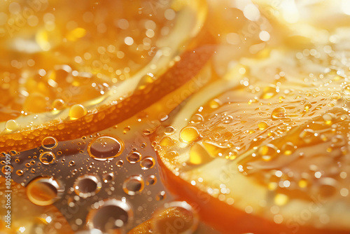 Fresh orange slice in water with bubbles. Close up of fresh ripe oranges. A macro shot capturing the vibrant texture and water drops on a fresh orange slice