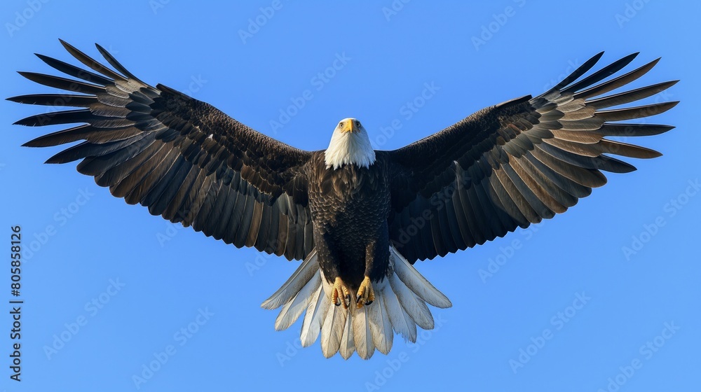 Majestic Bald Eagle Soaring in Clear Blue Sky Majestic Bald Eagle Soaring in Clear Blue Sky