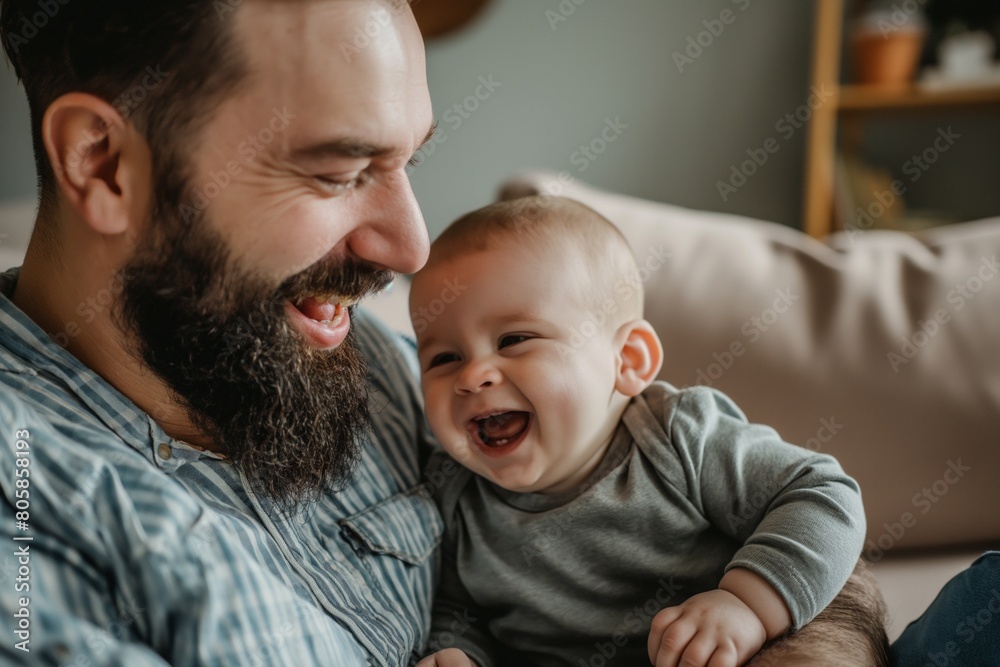 Joyful Father Laughing with His Baby Son at Home Joyful Father Laughing with His Baby Son at Home